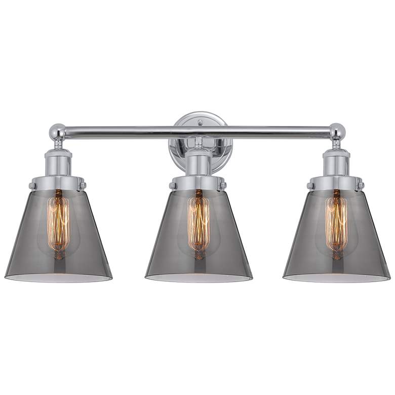 Image 1 Edison Small Cone 25" 3-Light Chrome Bath Light w/ Smoke Shade
