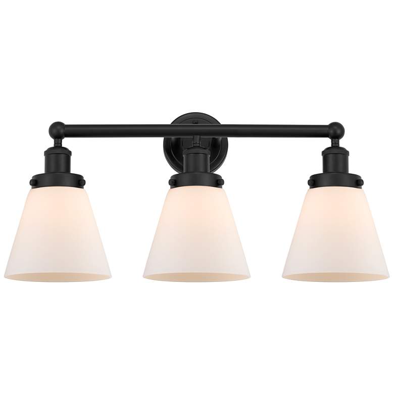 Image 1 Edison Small Cone 25" 3-Light Matte Black Bath Light w/ Matte White Sh
