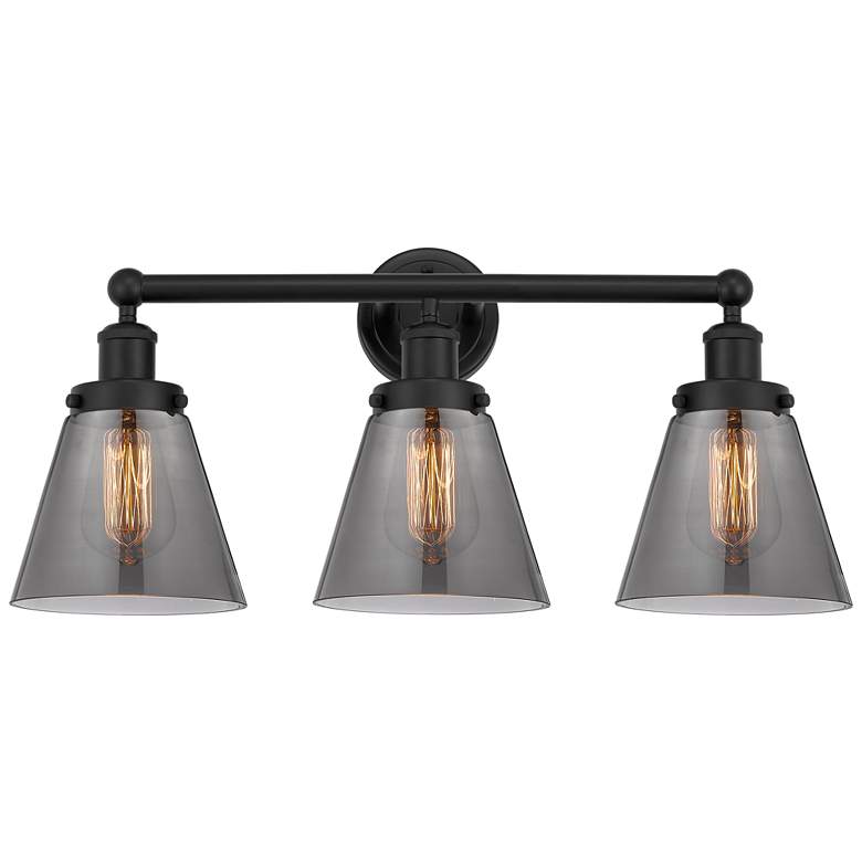 Image 1 Edison Small Cone 25" 3-Light Matte Black Bath Light w/ Plated Smoke S