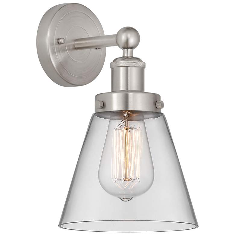 Image 1 Edison Small Cone 7" Brushed Satin Nickel Sconce w/ Clear Shade