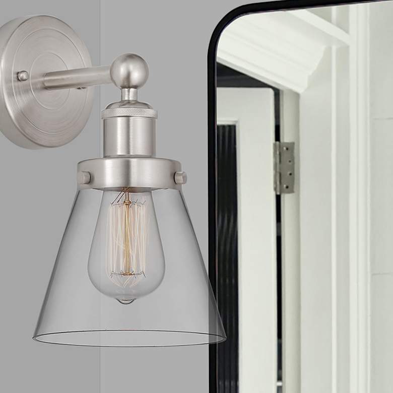 Image 1 Edison Small Cone 7" Brushed Satin Nickel Sconce w/ Clear Shade