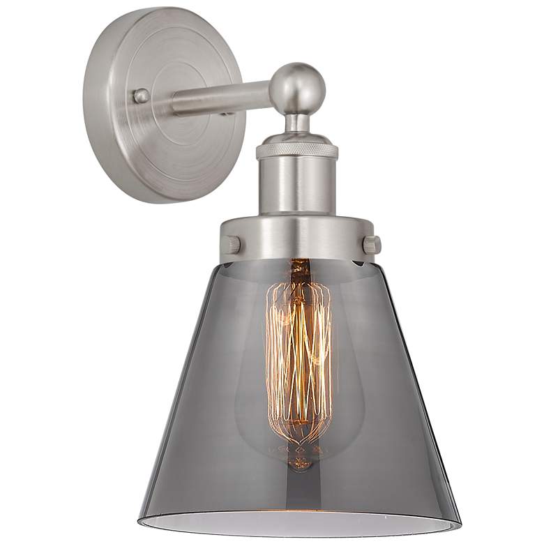 Image 1 Edison Small Cone 7" Brushed Satin Nickel Sconce w/ Plated Smoke Shade