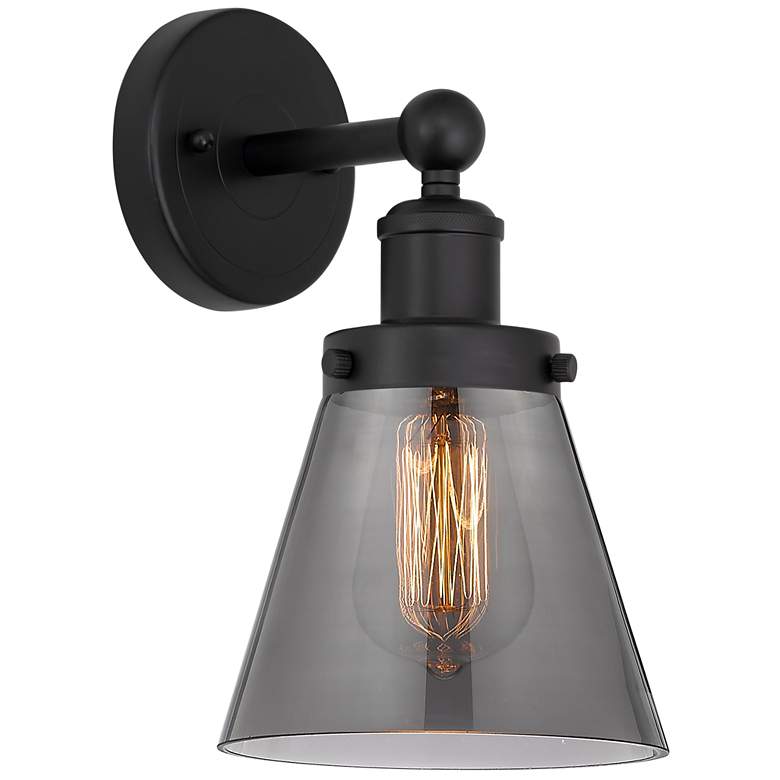 Image 1 Edison Small Cone 7" Matte Black Sconce w/ Plated Smoke Shade