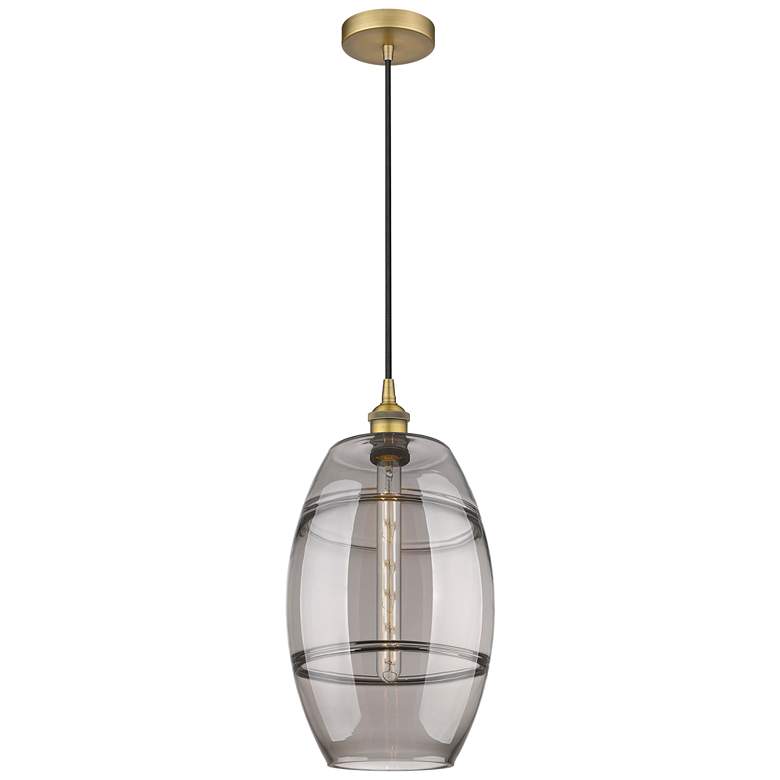 Image 1 Edison Vaz 10" Wide Brushed Brass Corded Mini Pendant w/ Light Smoke S