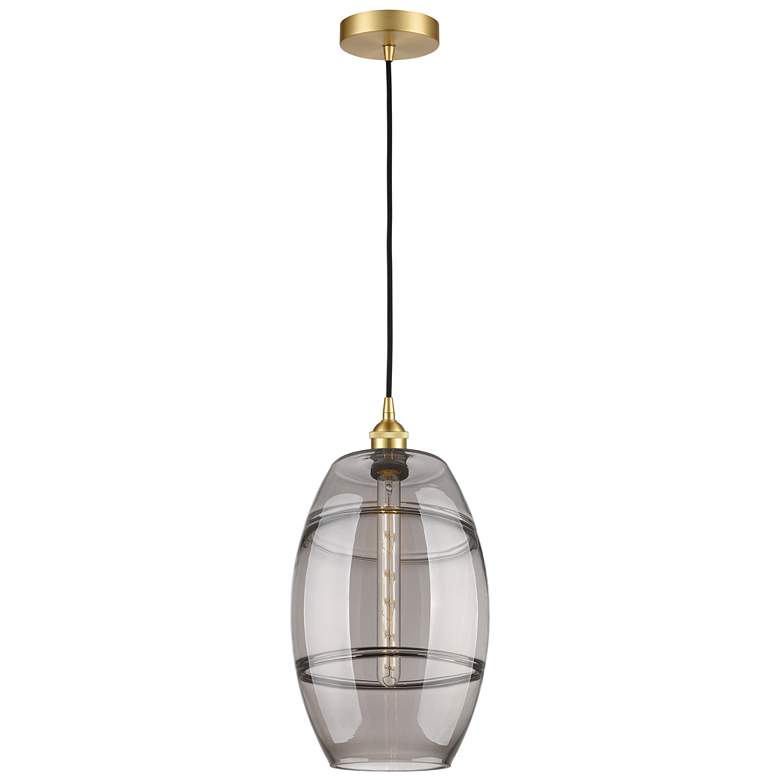 Image 1 Edison Vaz 10" Wide Satin Gold Cord Hung Mini Pendant w/ Light Smoke S