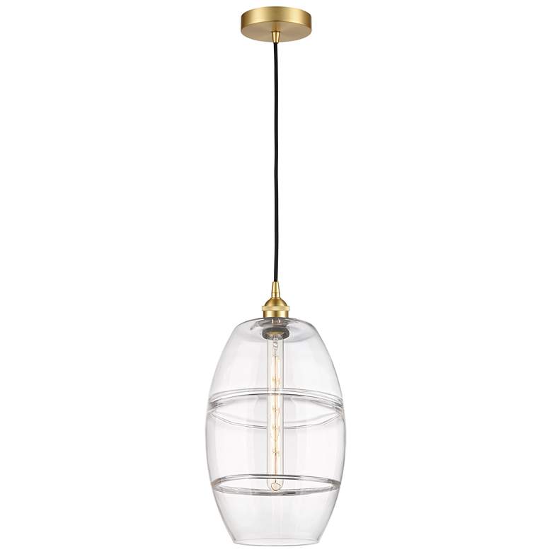 Image 1 Edison Vaz 10" Wide Satin Gold Cord Hung Mini Pendant With Clear Shade
