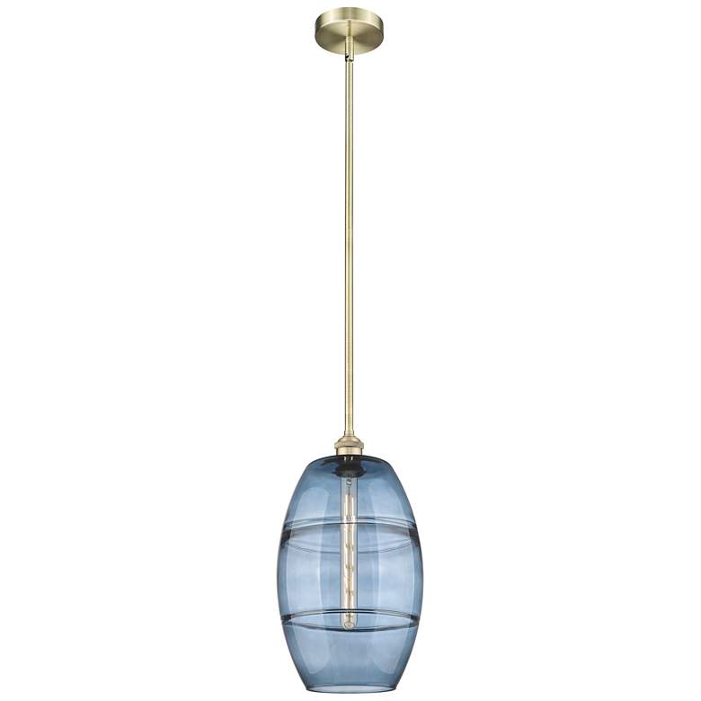 Image 1 Edison Vaz 10"W Antique Brass Stemmed Mini Pendant w/ Princess Blue Sh