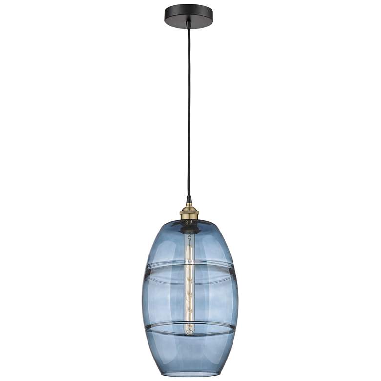 Image 1 Edison Vaz 10"W Black Antique Brass Corded Mini Pendant w/ Blue Shade