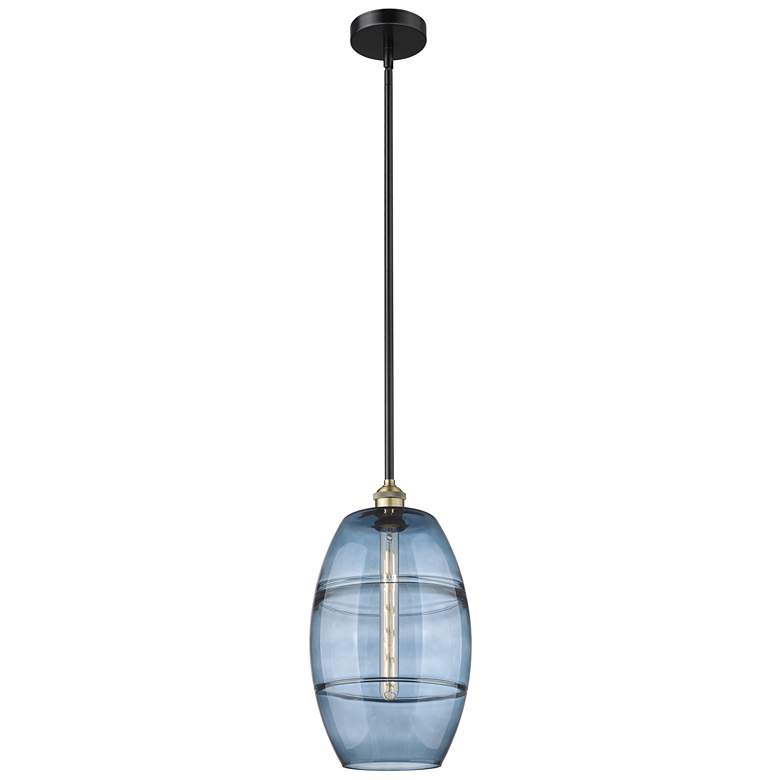 Image 1 Edison Vaz 10"W Black Antique Brass Stemmed Mini Pendant w/ Blue Shade