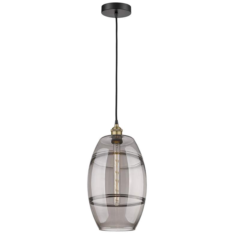 Image 1 Edison Vaz 10"W Black Brass Corded Mini Pendant w/ Light Smoke Shade