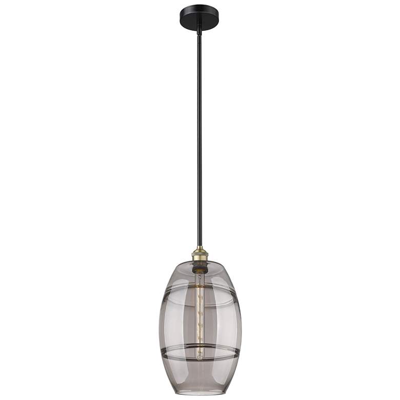 Image 1 Edison Vaz 10"W Black Brass Stemmed Mini Pendant w/ Light Smoke Shade