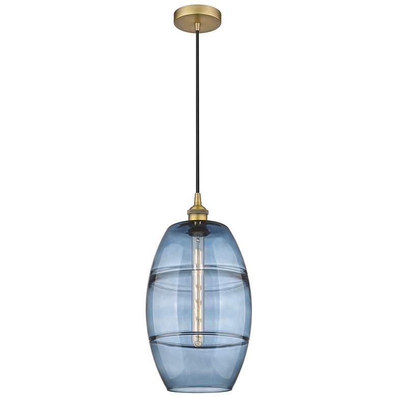 Image 1 Edison Vaz 10"W Brushed Brass Corded Mini Pendant w/ Princess Blue Sha