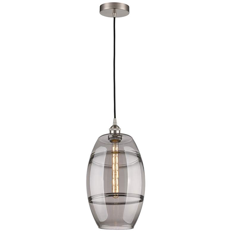 Image 1 Edison Vaz 10"W Satin Nickel Corded Mini Pendant w/ Light Smoke Shade