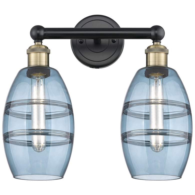 Image 1 Edison Vaz 14.88"W 2 Light Black Antique Brass Bath Light w/ Blue Shad