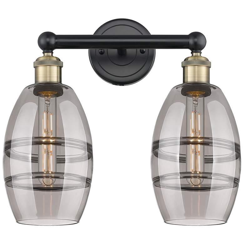 Image 1 Edison Vaz 14.88"W 2 Light Black Brass Bath Light w/ Light Smoke Shade