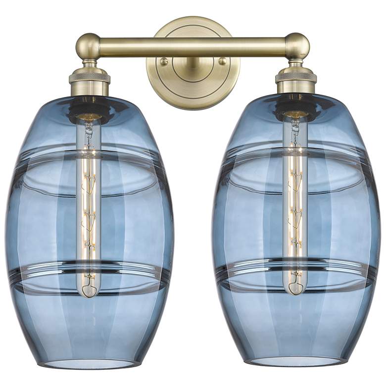 Image 1 Edison Vaz 17" Wide 2 Light Antique Brass Bath Light w/ Princess Blue