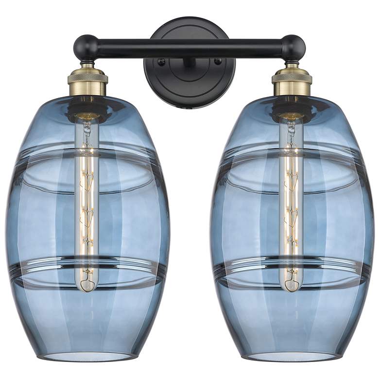 Image 1 Edison Vaz 17"W 2 Light Black Antique Brass Bath Light w/ Blue Shade