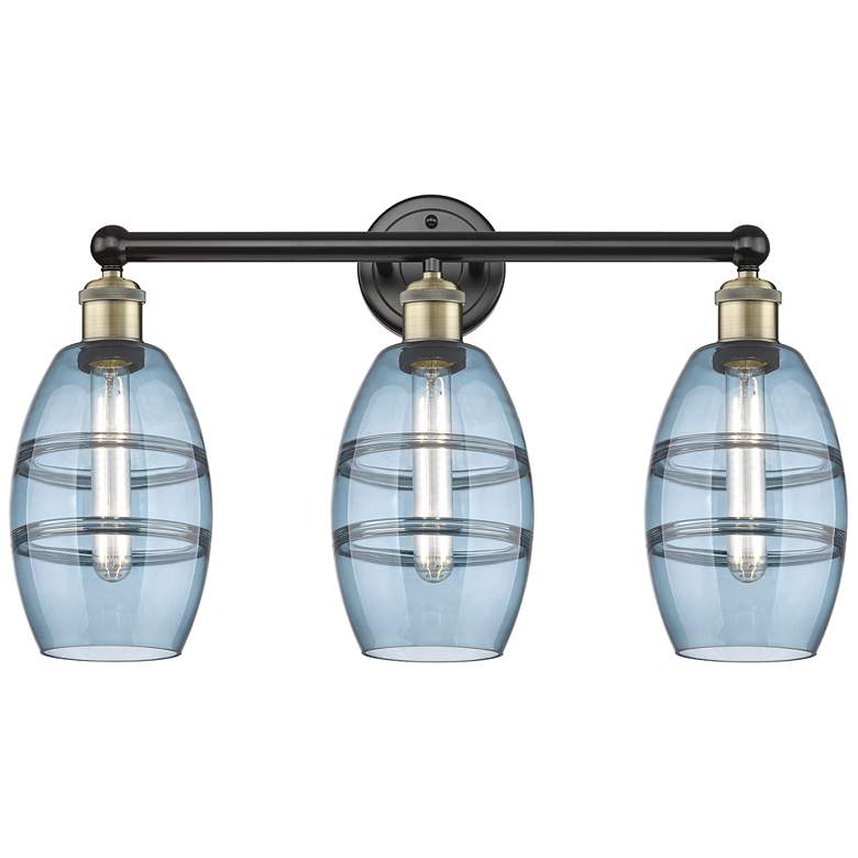 Image 1 Edison Vaz 23.88"W 3 Light Black Antique Brass Bath Light w/ Blue Shad