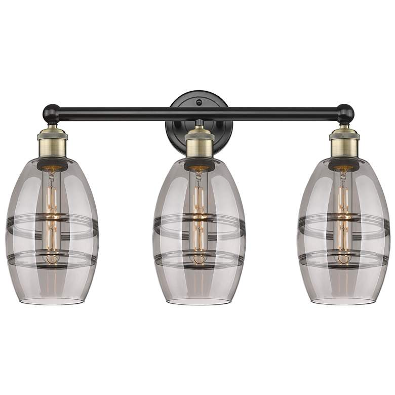 Image 1 Edison Vaz 23.88"W 3 Light Black Brass Bath Light w/ Light Smoke Shade