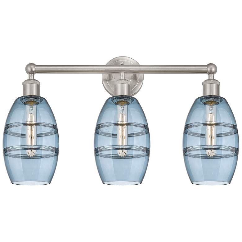 Image 1 Edison Vaz 23.88"W 3 Light Satin Nickel Bath Light w/ Princess Blue Sh