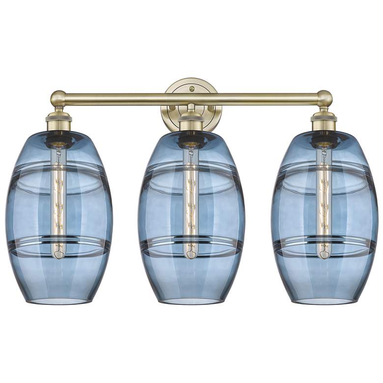 Image 1 Edison Vaz 26" Wide 3 Light Antique Brass Bath Light w/ Princess Blue