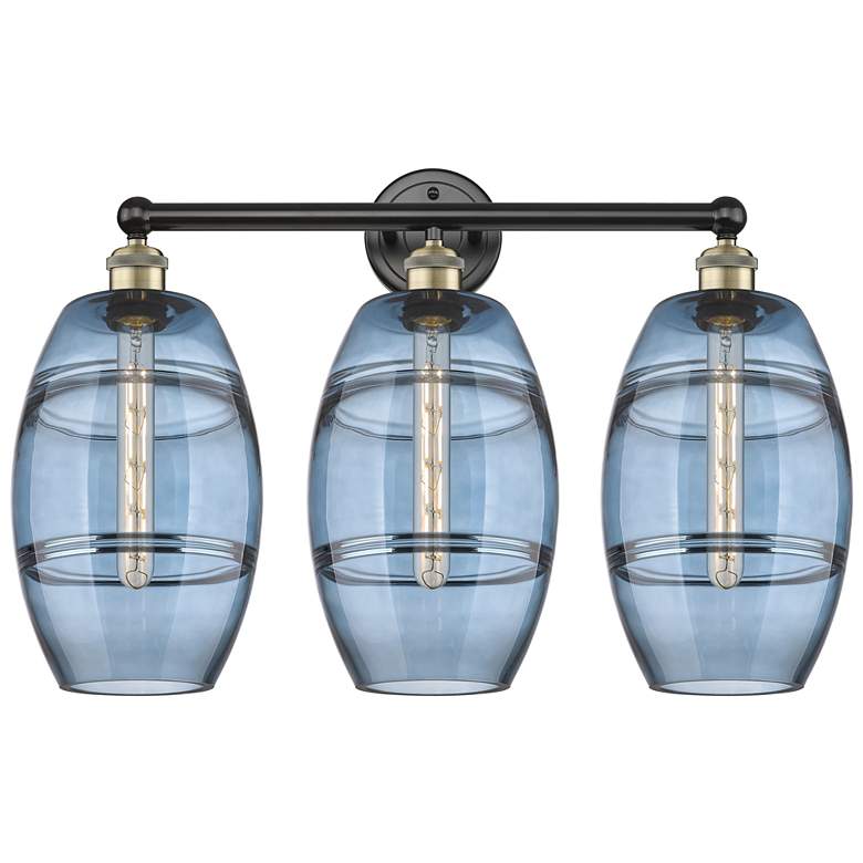 Image 1 Edison Vaz 26"W 3 Light Black Antique Brass Bath Light w/ Blue Shade