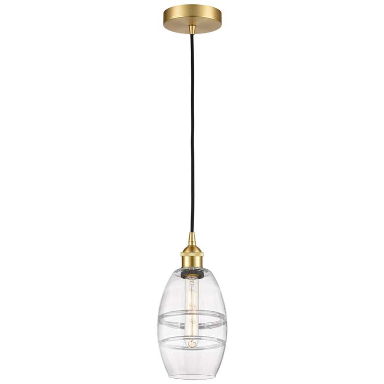 Image 1 Edison Vaz 5.88" Wide Satin Gold Cord Hung Mini Pendant With Clear Sha
