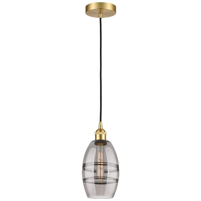 Image 1 Edison Vaz 5.88" Wide Satin Gold Corded Mini Pendant w/ Light Smoke Sh