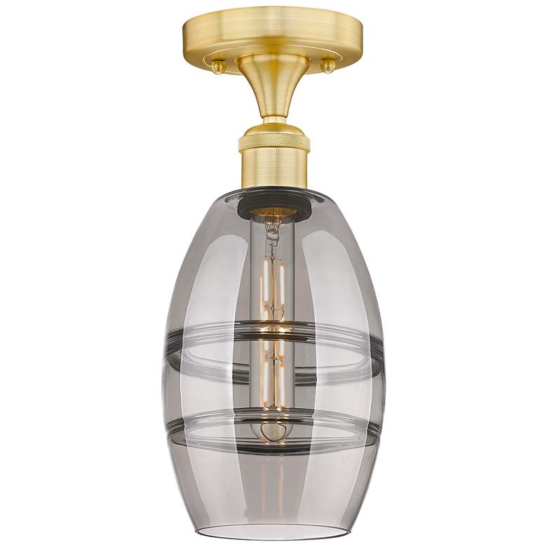 Image 1 Edison Vaz 5.88" Wide Satin Gold Semi-Flush Mount With Light Smoke Sha