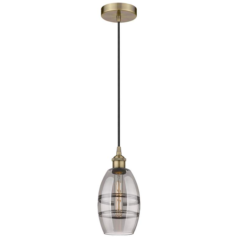 Image 1 Edison Vaz 5.88"W Antique Brass Corded Mini Pendant w/ Light Smoke Sha