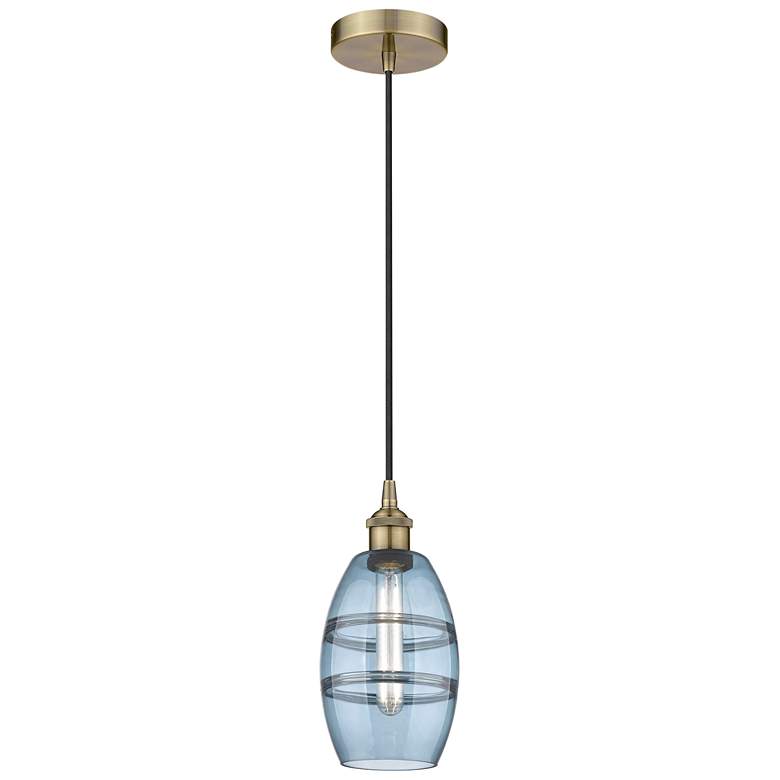 Image 1 Edison Vaz 5.88"W Antique Brass Corded Mini Pendant w/ Princess Blue S