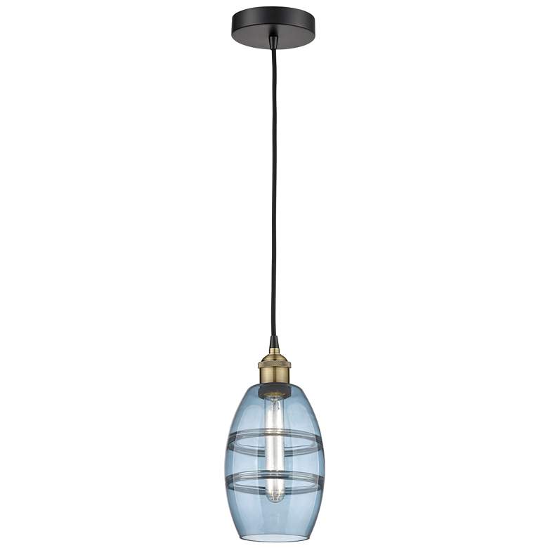 Image 1 Edison Vaz 5.88"W Black Antique Brass Corded Mini Pendant w/ Blue Shad