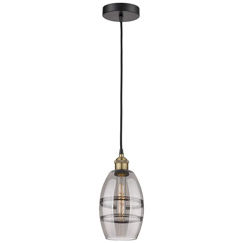 Image 1 Edison Vaz 5.88"W Black Brass Corded Mini Pendant w/ Light Smoke Shade