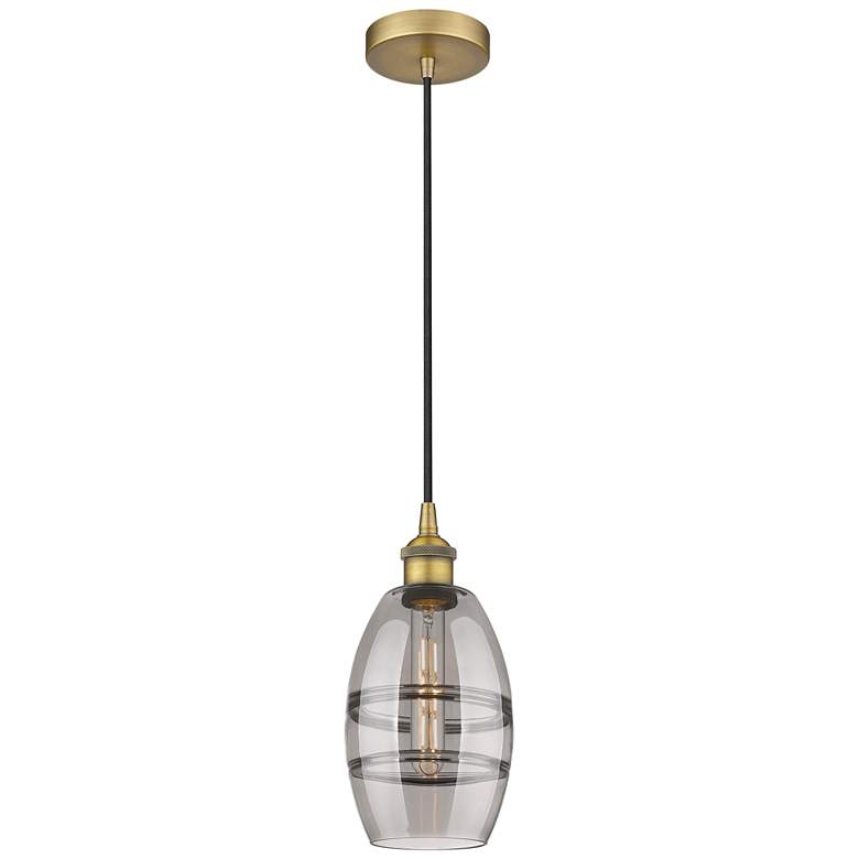 Image 1 Edison Vaz 5.88"W Brushed Brass Corded Mini Pendant w/ Light Smoke Sha