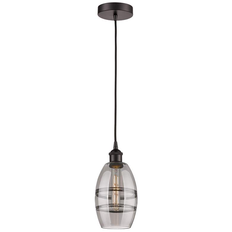 Image 1 Edison Vaz 5.88"W Oiled Bronze Corded Mini Pendant w/ Light Smoke Shad