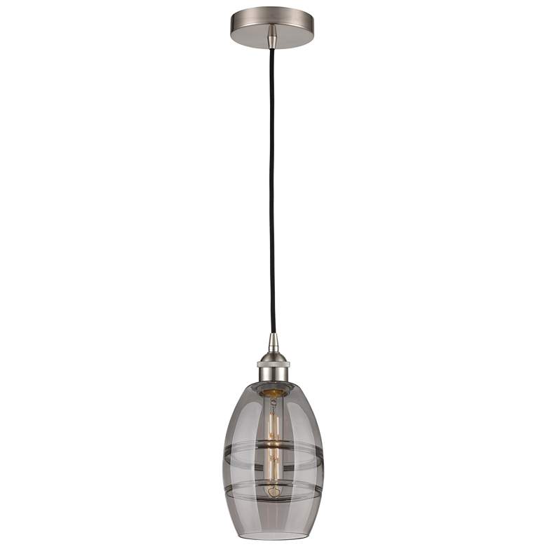 Image 1 Edison Vaz 5.88"W Satin Nickel Corded Mini Pendant w/ Light Smoke Shad