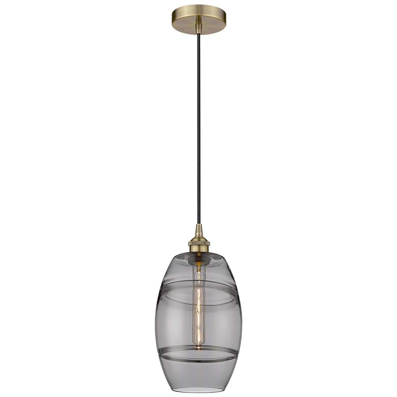 Image 1 Edison Vaz 8" Wide Antique Brass Corded Mini Pendant w/ Light Smoke Sh