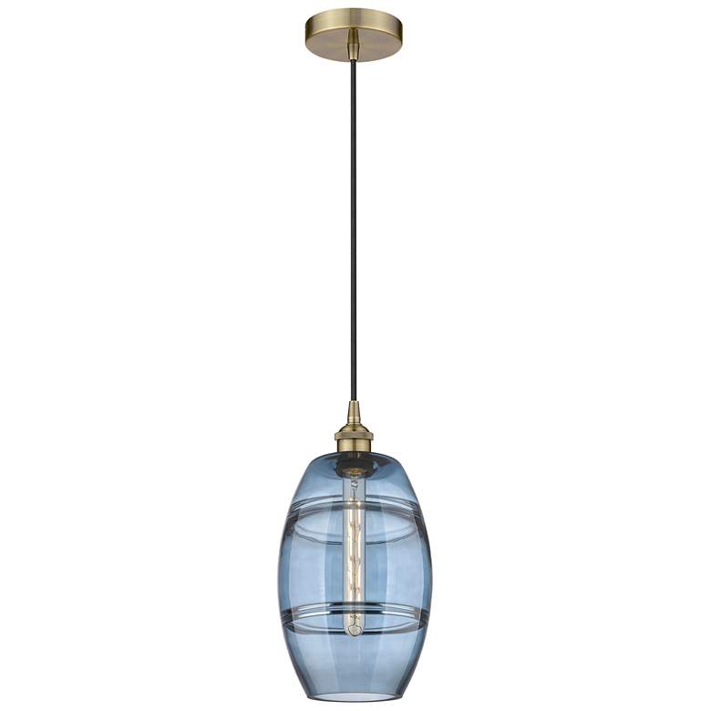 Image 1 Edison Vaz 8" Wide Antique Brass Corded Mini Pendant w/ Princess Blue