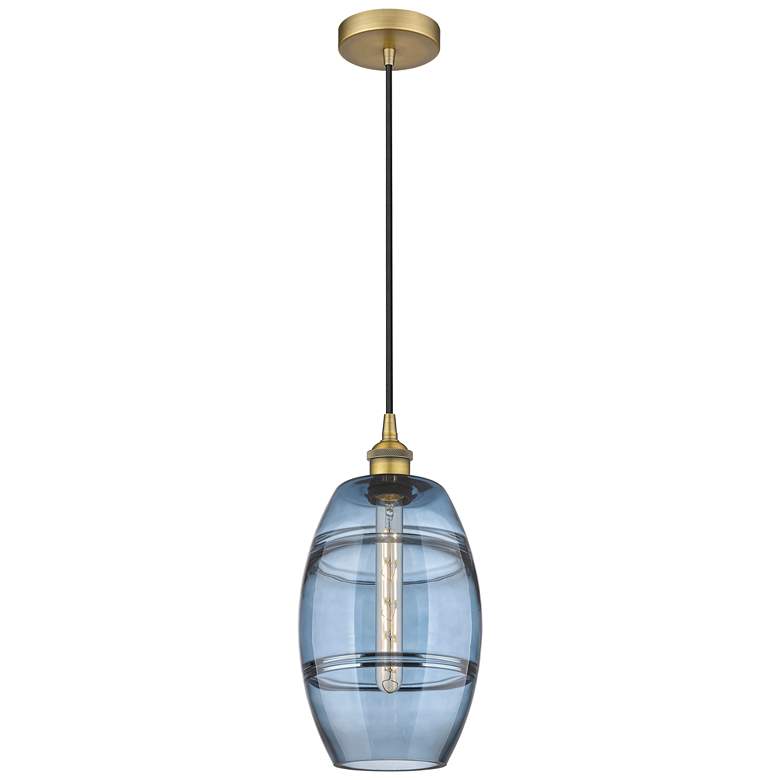 Image 1 Edison Vaz 8" Wide Brushed Brass Corded Mini Pendant w/ Princess Blue