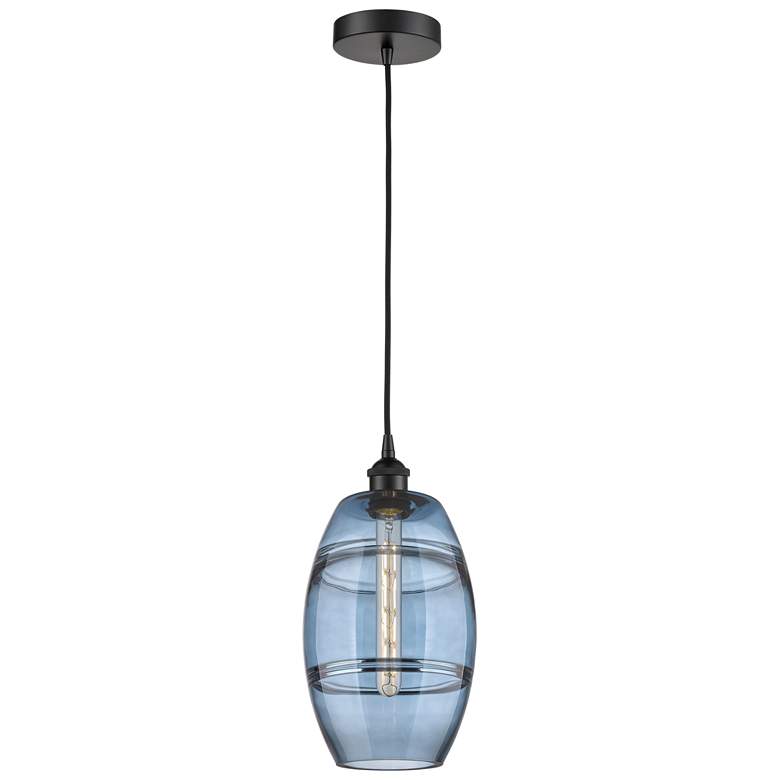 Image 1 Edison Vaz 8" Wide Matte Black Corded Mini Pendant w/ Princess Blue Sh