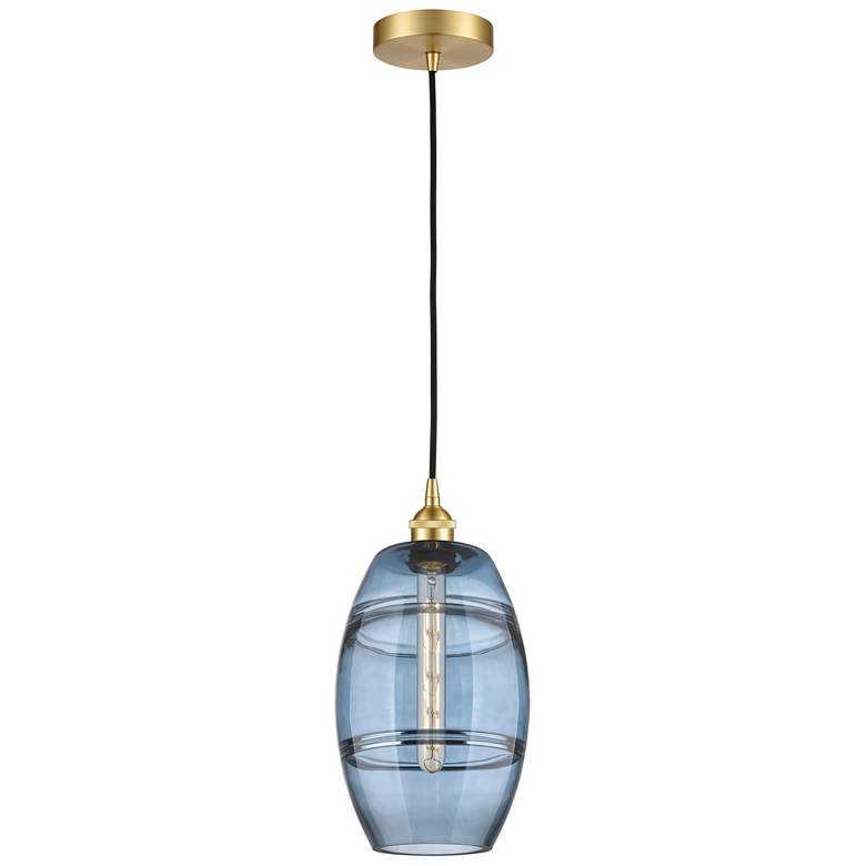 Image 1 Edison Vaz 8" Wide Satin Gold Cord Hung Mini Pendant w/ Princess Blue