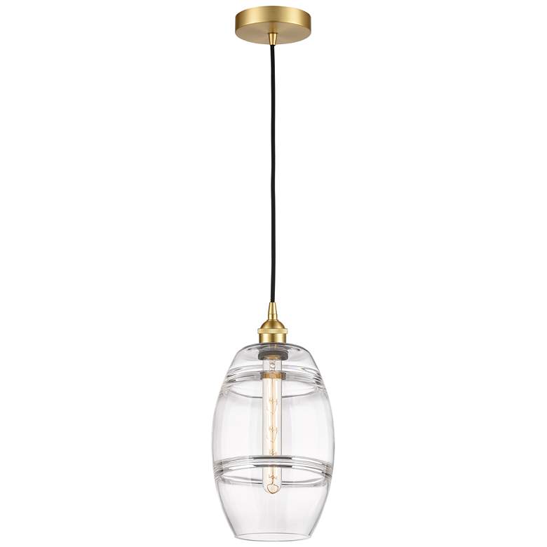 Image 1 Edison Vaz 8" Wide Satin Gold Cord Hung Mini Pendant With Clear Shade