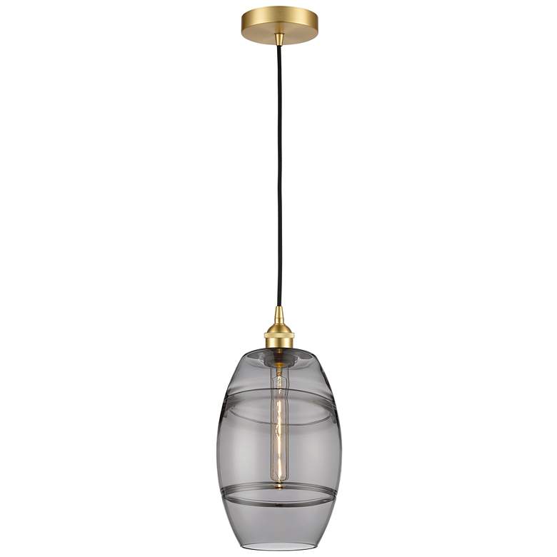 Image 1 Edison Vaz 8" Wide Satin Gold Cord Hung Mini Pendant With Light Smoke