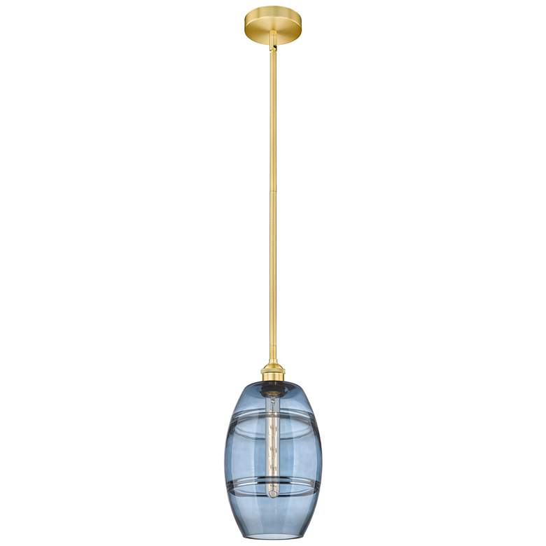 Image 1 Edison Vaz 8" Wide Satin Gold Stem Hung Mini Pendant w/ Princess Blue