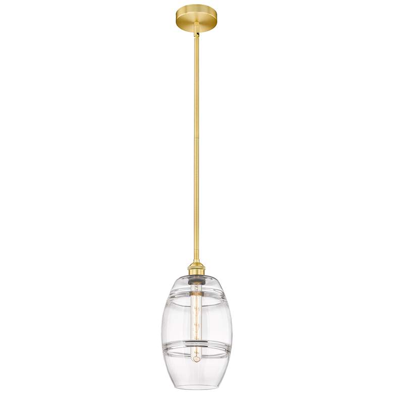 Image 1 Edison Vaz 8" Wide Satin Gold Stem Hung Mini Pendant With Clear Shade
