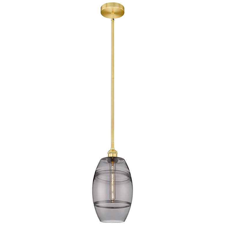Image 1 Edison Vaz 8" Wide Satin Gold Stem Hung Mini Pendant With Light Smoke