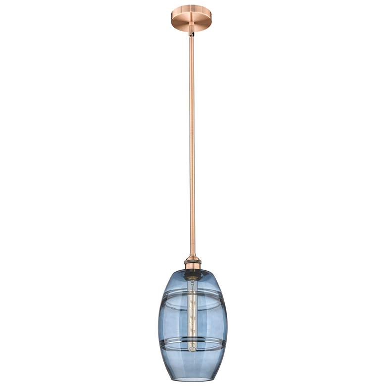 Image 1 Edison Vaz 8"W Antique Copper Stemmed Mini Pendant w/ Princess Blue Sh
