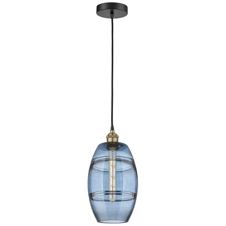 Image 1 Edison Vaz 8"W Black Antique Brass Corded Mini Pendant w/ Blue Shade