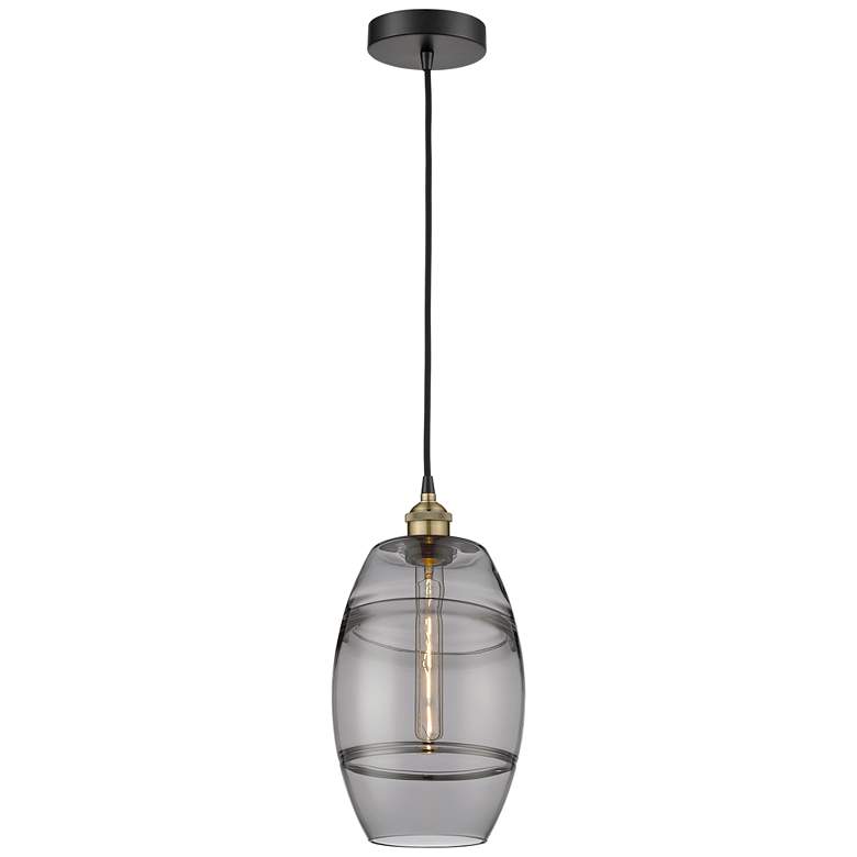 Image 1 Edison Vaz 8"W Black Antique Brass Corded Mini Pendant w/ Light Smoke