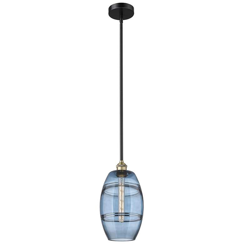 Image 1 Edison Vaz 8"W Black Antique Brass Stemmed Mini Pendant w/ Blue Shade
